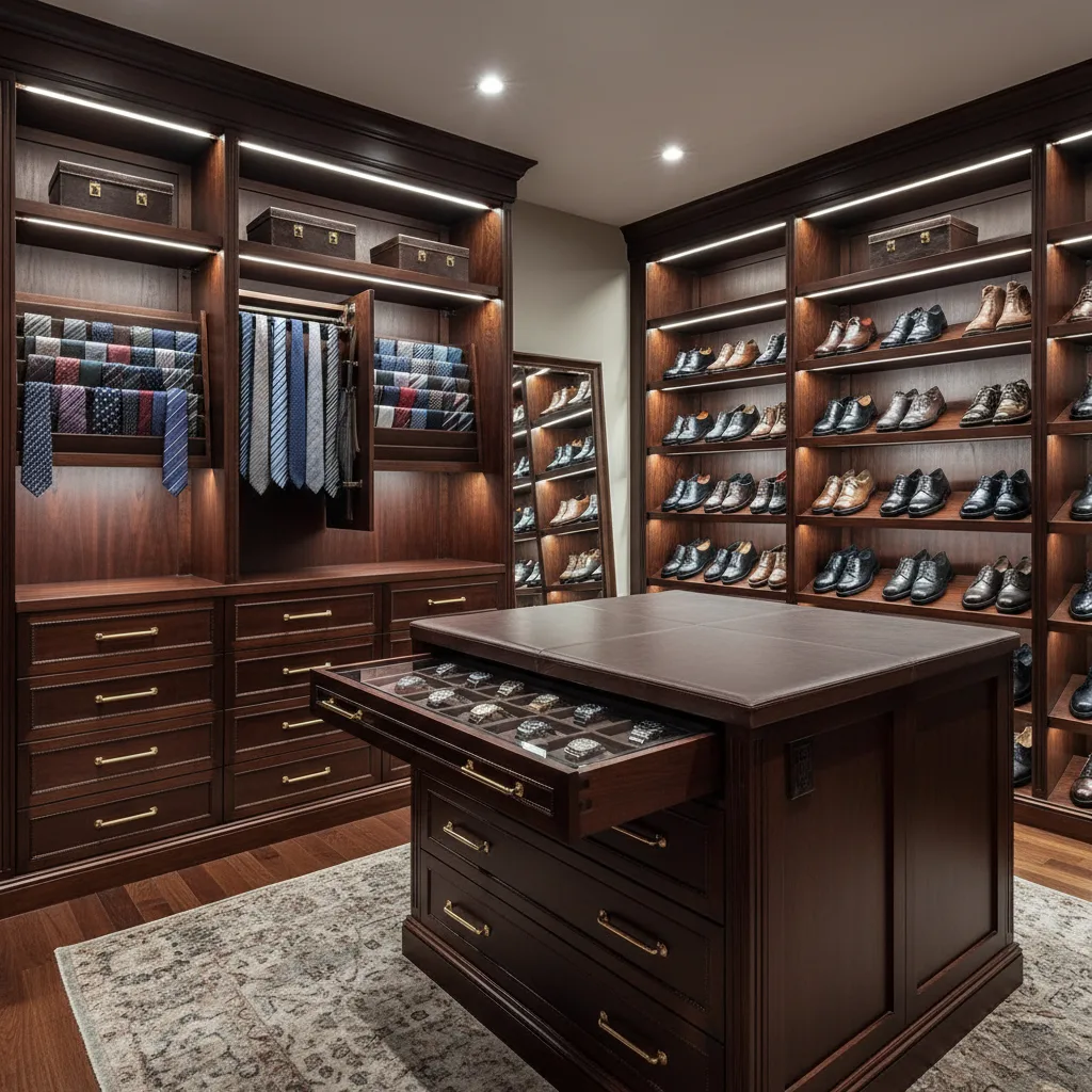 Vaughan primary walk-in closet with dark wood wardrobes