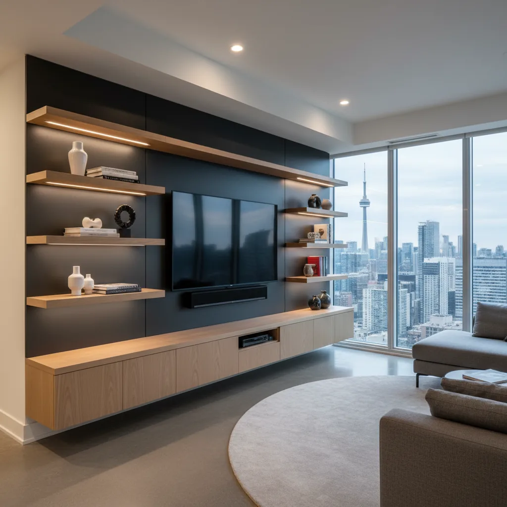 Toronto condo built-in media wall with floor-to-ceiling cabinetry